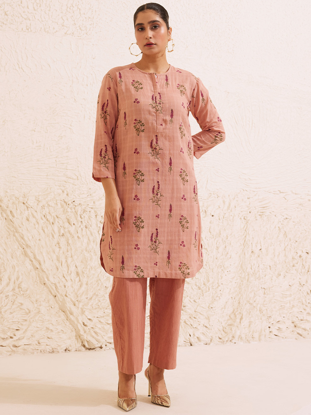 Dressfolk Floral Hand-Blocked Pink Cotton Tunic Cord-Set