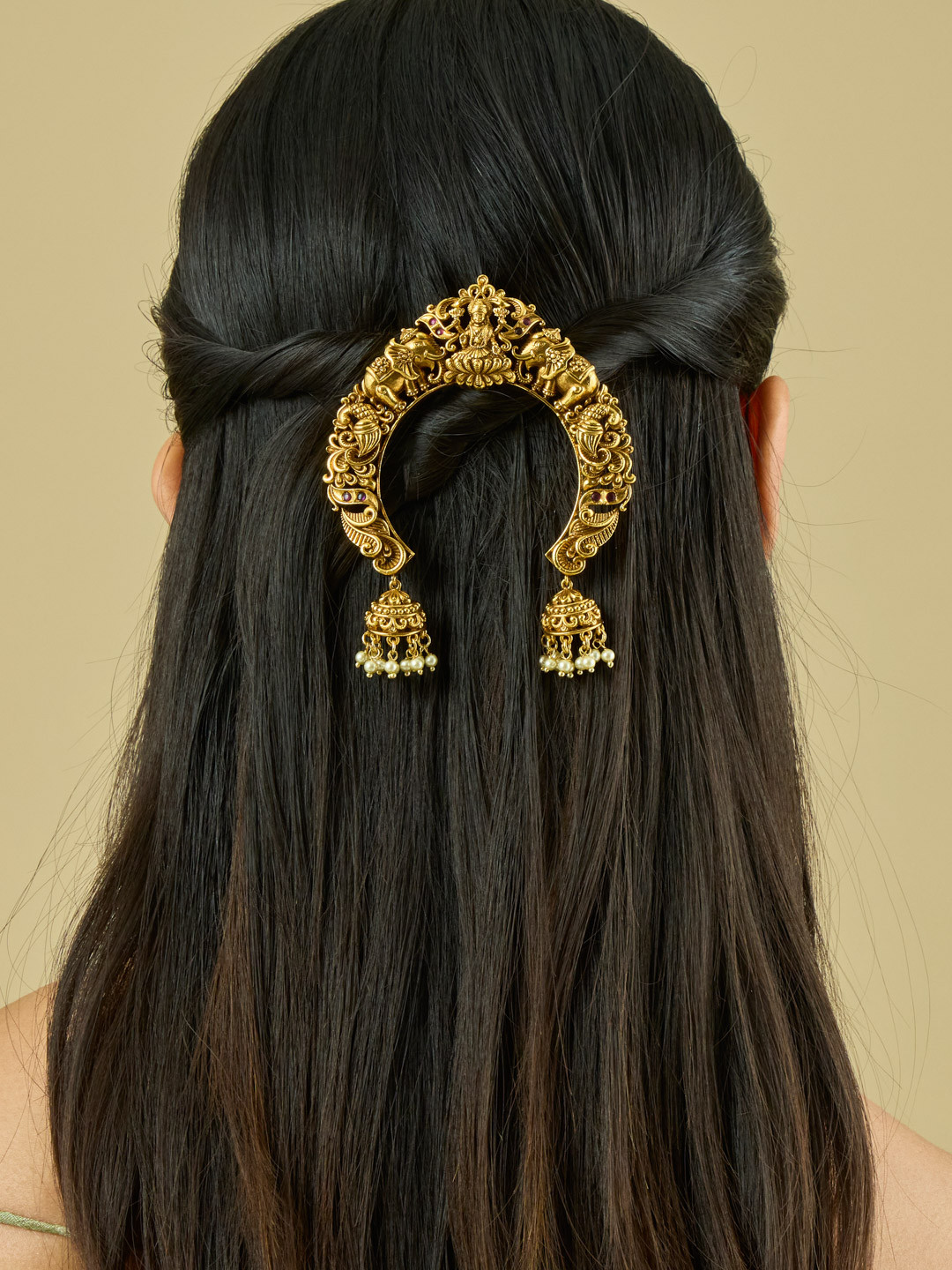 Kushal's Fashion Women Jewellery Ruby Gold-Plated Ethnic Antique Hair Brooch