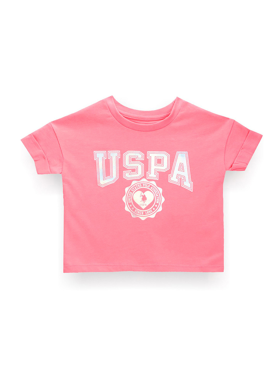U.S. Polo Assn. Kids Girls Brand Logo Printed Roll-Up Sleeves Pure Cotton T-shirt
