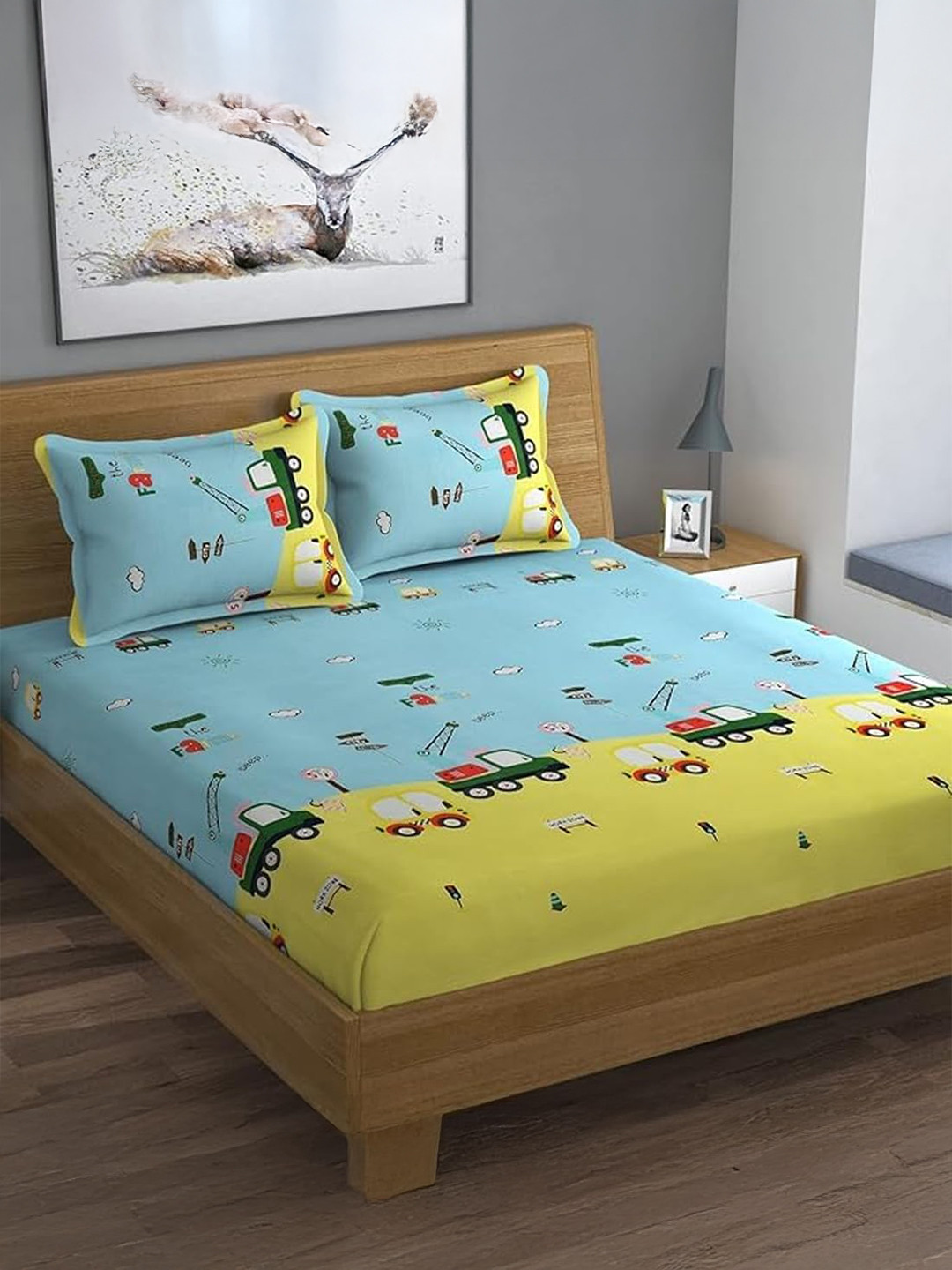 prettykrafts Car Truck Blue Graphic Cotton 140 TC Queen Bedsheet with 2 Pillow Covers-90 x 100 cm