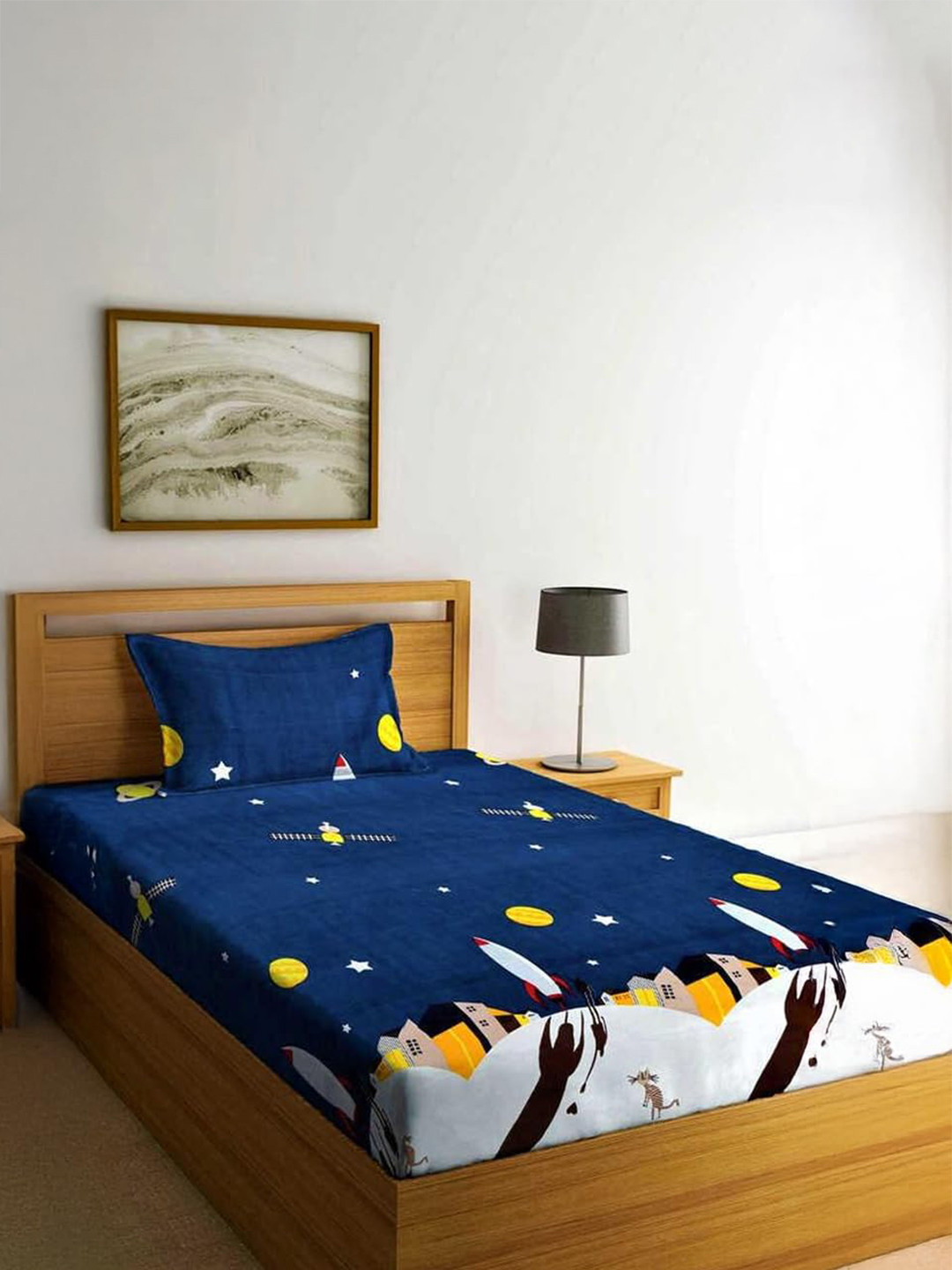 prettykrafts Navy Blue Graphic Cotton Skin-Friendly 140 TC Single Bedsheet with a Pillow Cover-220 x 200 cm