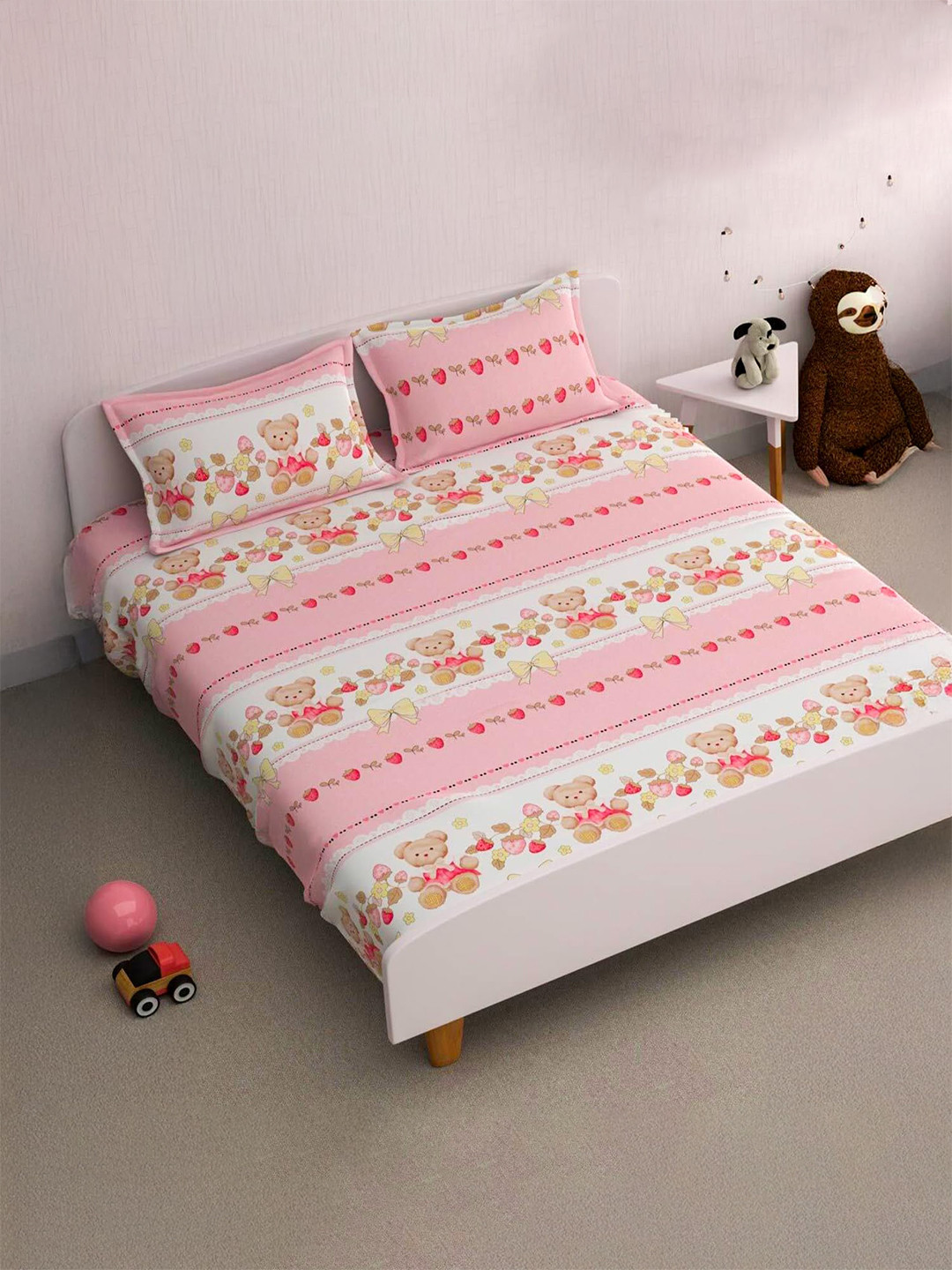 prettykrafts Pink Conversational Cotton 140 TC Double Bedsheet with 2 Pillow Covers-35 x 39 inches