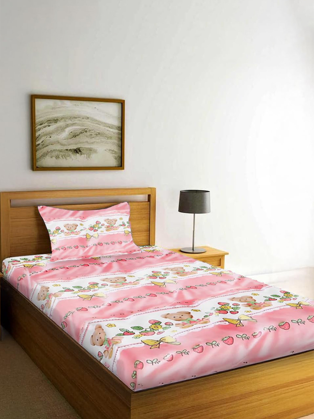 prettykrafts Teddy White Conversational Cotton 140 TC Single Bedsheet with a Pillow Cover-90 x 60 inches