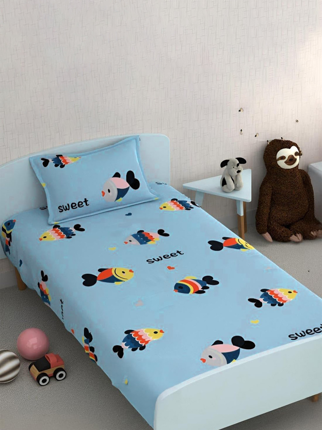 prettykrafts Blue Graphic Cotton 140 TC Single Bedsheet with a Pillow Cover-59 x 91 inches