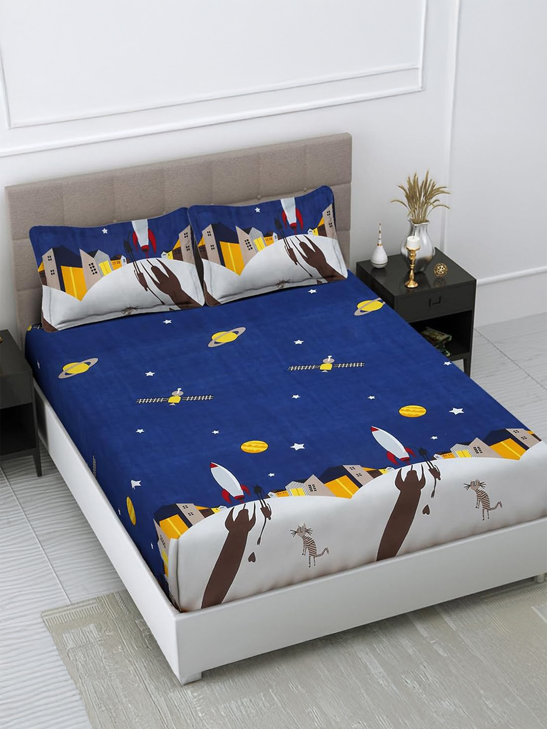 prettykrafts Spaceship Navy Blue Graphic Cotton 140 TC Queen Bedsheet with 2 Pillow Covers-59 x 87 inches