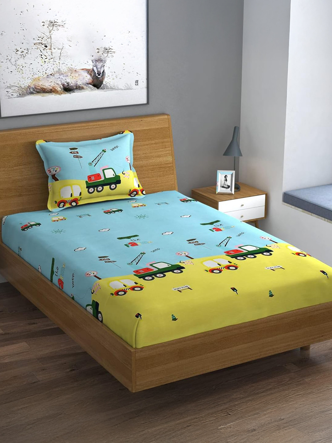 prettykrafts Car Truck Blue Graphic Cotton 140 TC Single Bedsheet with a Pillow Cover-90 x 60 inches