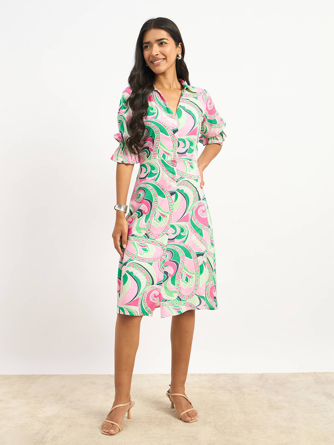 SALT ATTIRE Women Paisley Printed Shirt Collar Knee Length Shirt Dress