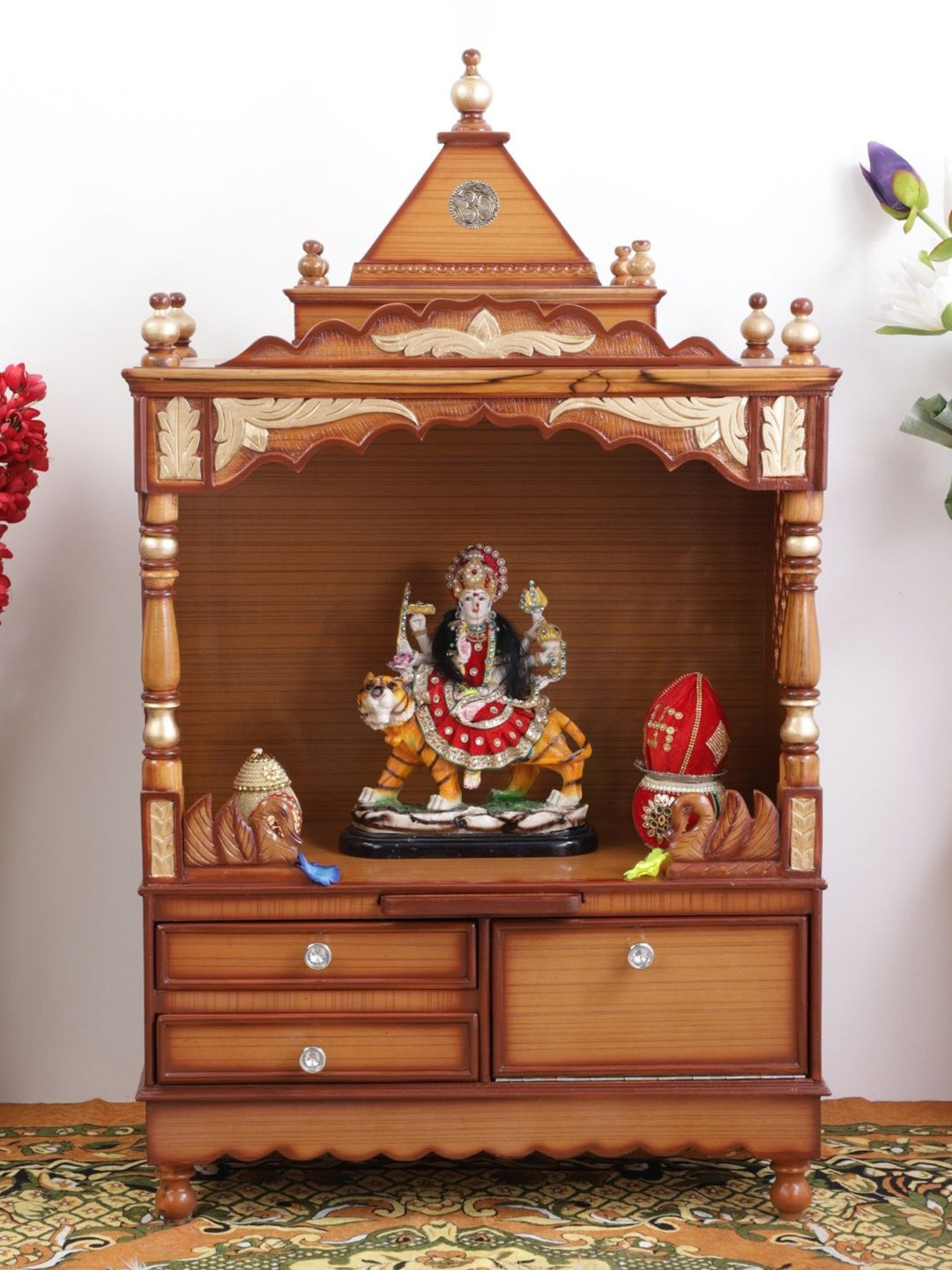 DZYN Furnitures Sacred Space Brown Wooden Large Floor Rested Pooja Temple Without Door
