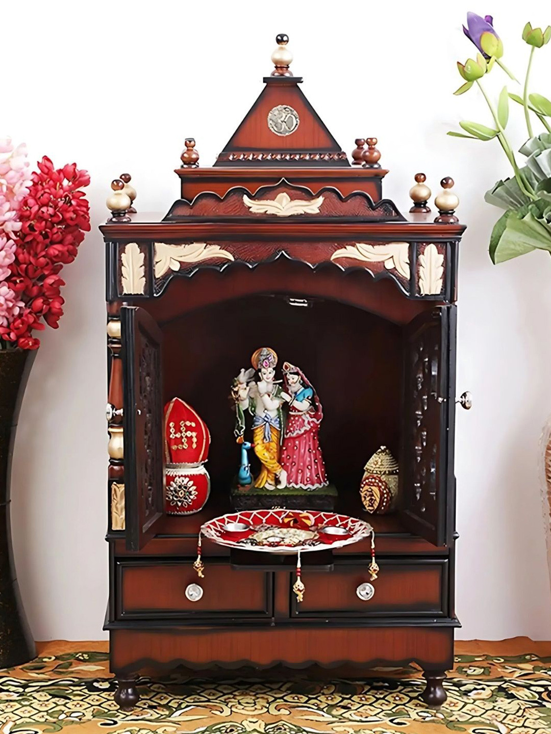 DZYN Furnitures Sacred Space Brown Wooden Medium Floor Rested Pooja Temple With Door
