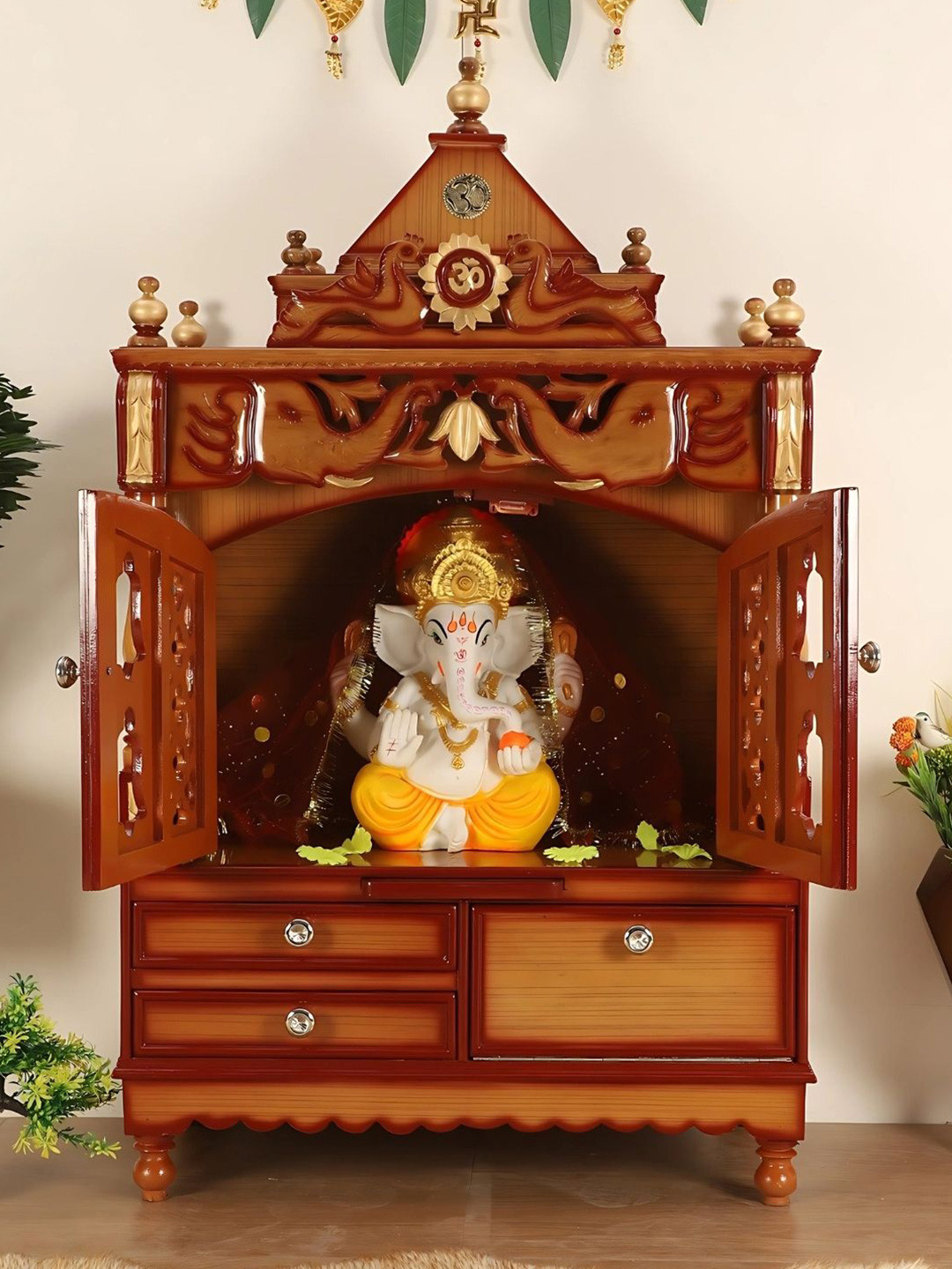 DZYN Furnitures Divine Home Brown Medium Floor Rested Pooja Temple With Door