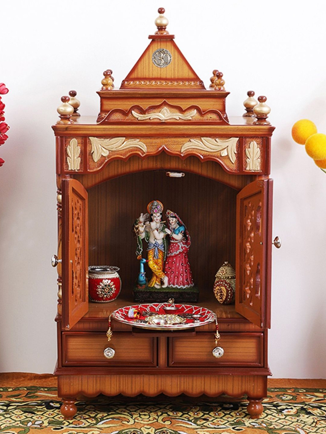 DZYN Furnitures Sacred Space Brown Medium Floor Rested Pooja Temple With Door