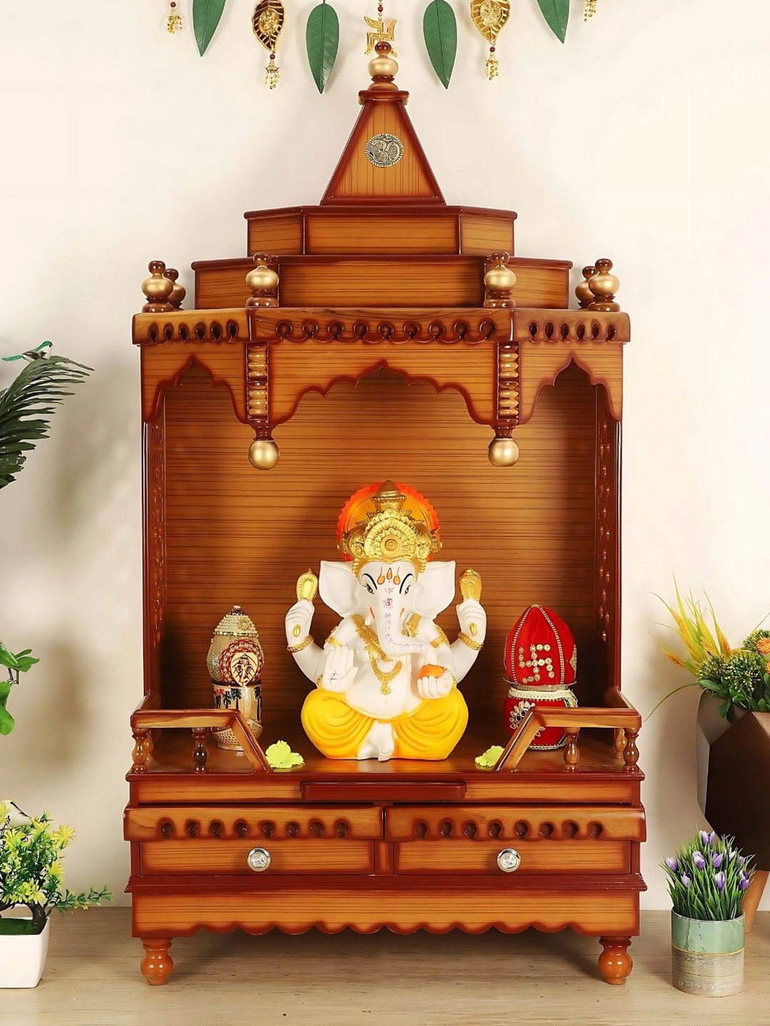 DZYN Furnitures Brahma Sthana Brown Wooden Medium Floor Rested Pooja Temple