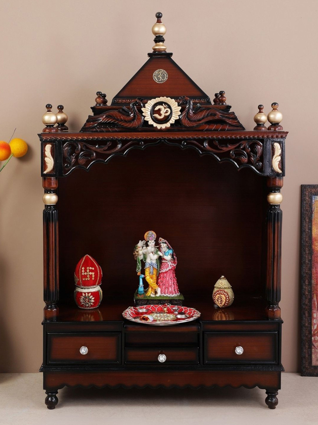 DZYN Furnitures Antarusya Brown Wooden Large Floor Rested Pooja Temple Without Door