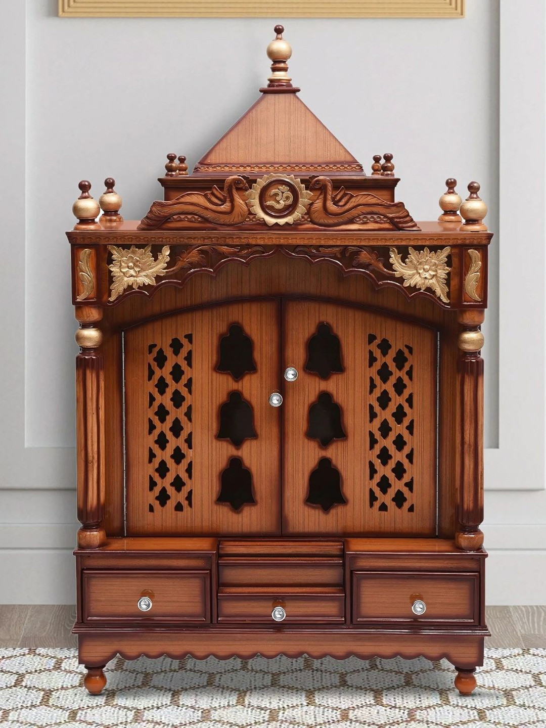 DZYN Furnitures Pooja Graham Brown Wooden Large Floor Rested Pooja Temple With Door