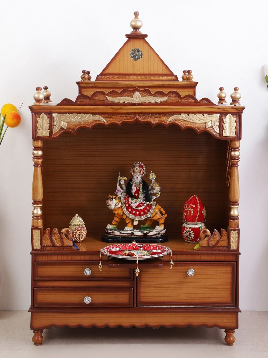 DZYN Furnitures Sacred Home Brown Large Floor Rested Pooja Temple Without Door