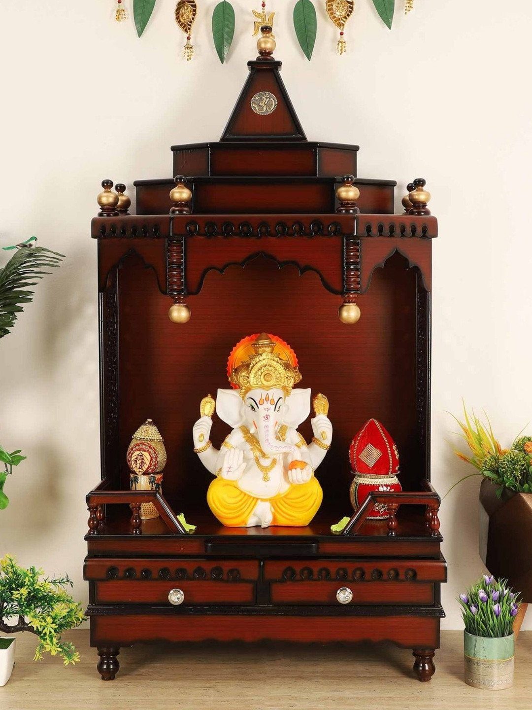 DZYN Furnitures Brahma Sthana Brown Wooden Medium Floor Rested Pooja Temple