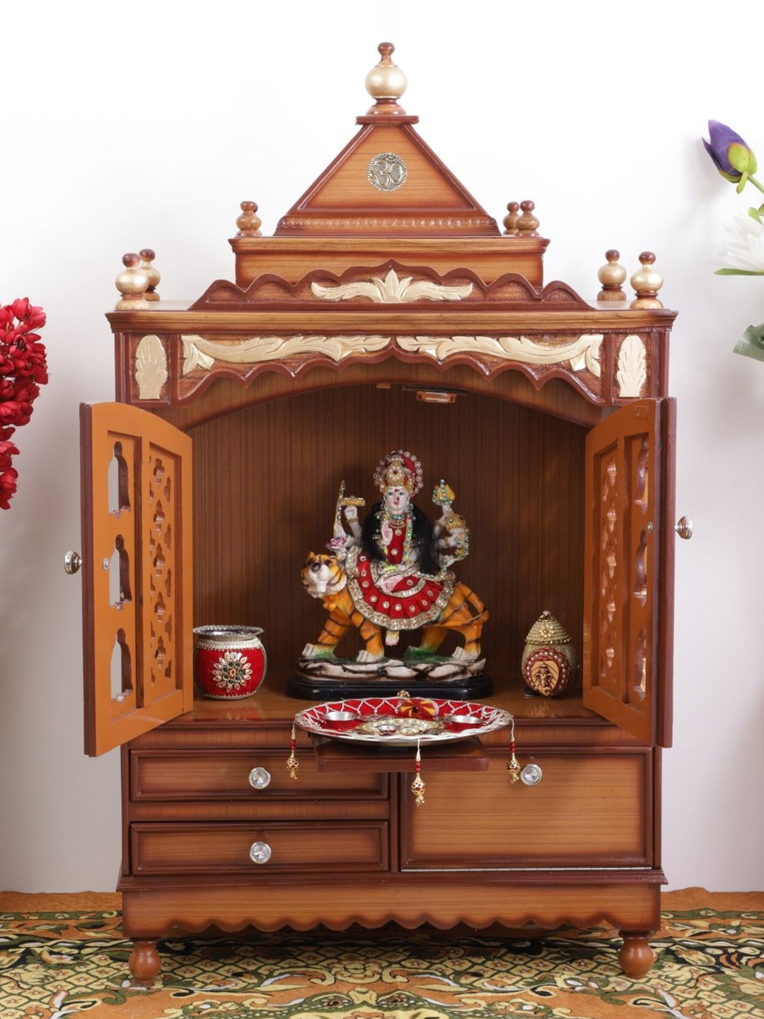 DZYN Furnitures Sacred Space Brown Wooden Large Floor Rested Pooja Temple With Door