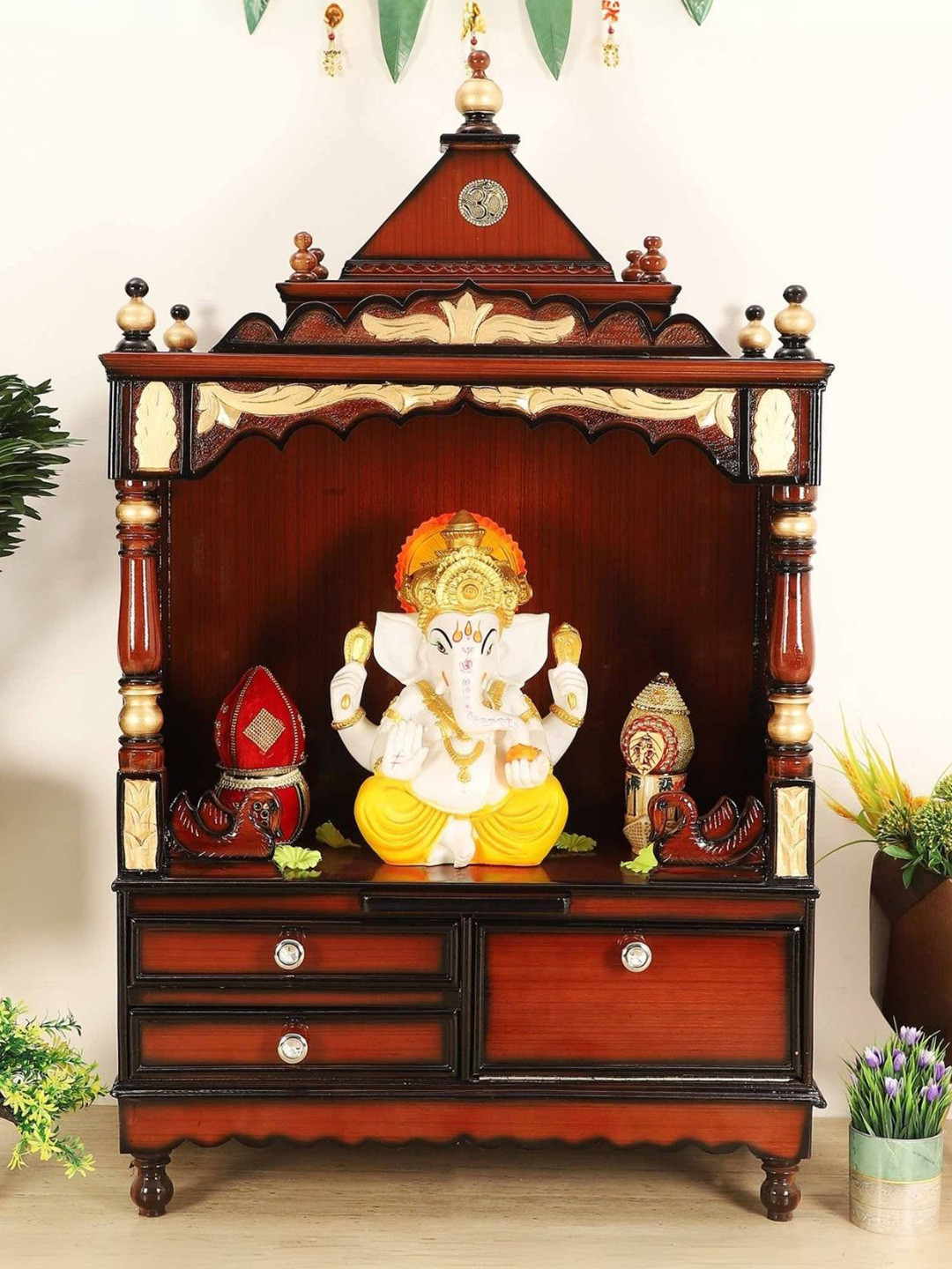 DZYN Furnitures Sacred Space Brown Wooden Large Floor Rested Pooja Temple Without Door