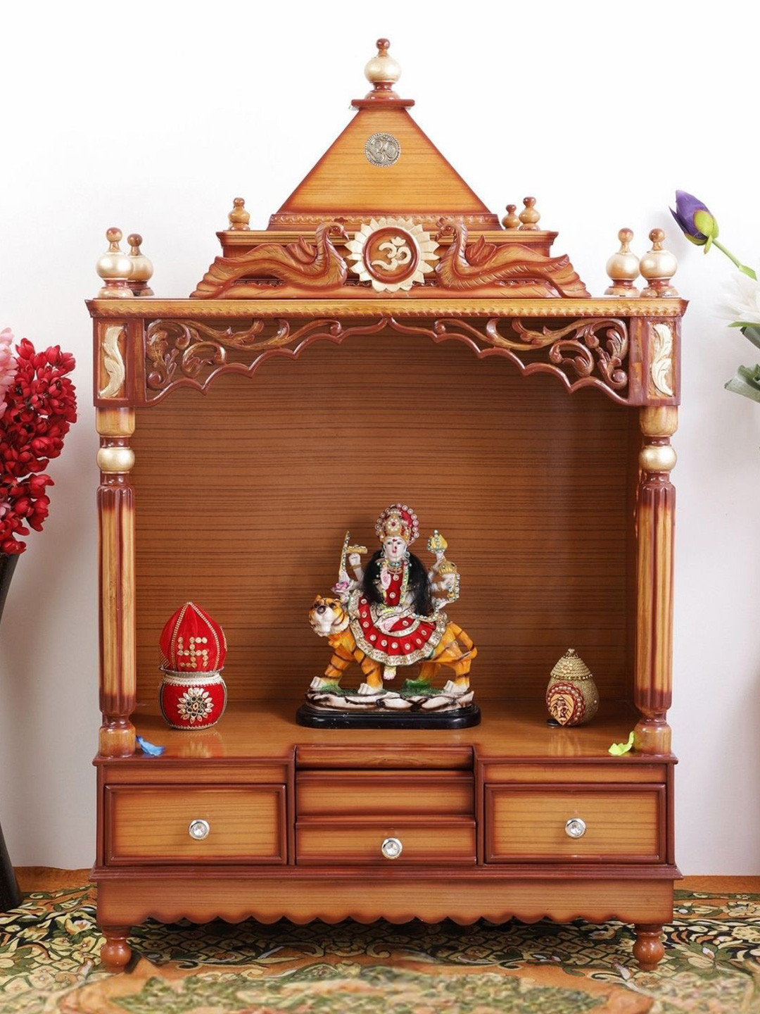 DZYN Furnitures Antarusya Brown Large Floor Rested Pooja Temple Without Door