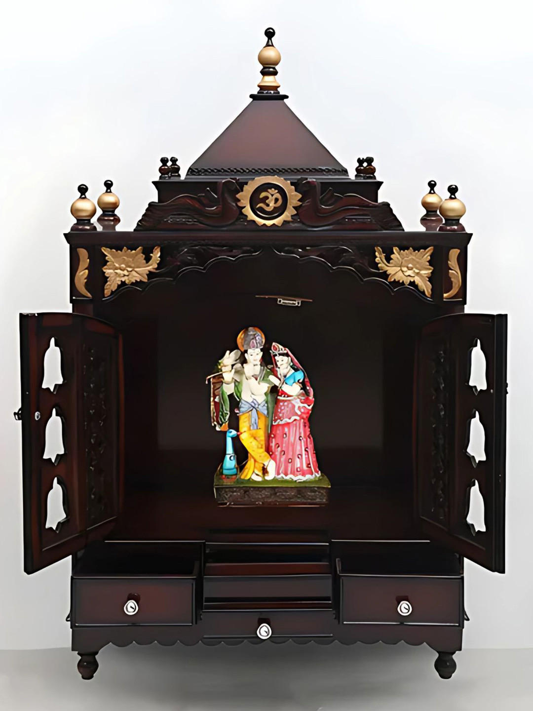 DZYN Furnitures Brown Wooden Large Floor Rested Pooja Temple With Door