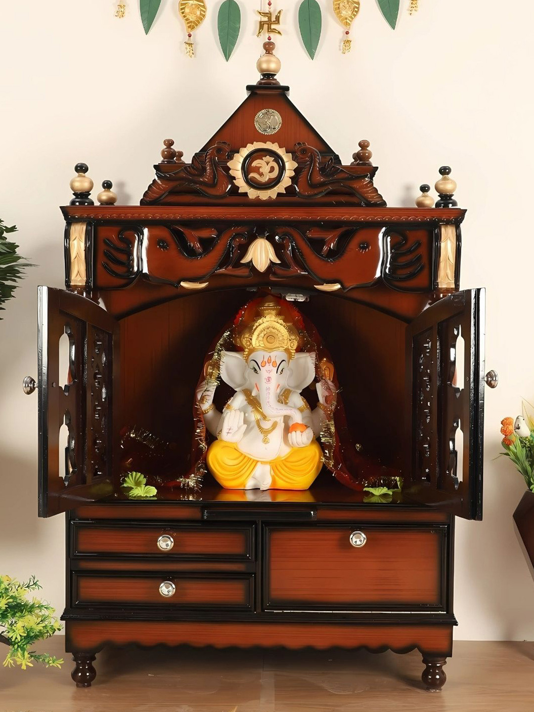 DZYN Furnitures Divine Home Brown Medium Floor Rested Pooja Temple With Door