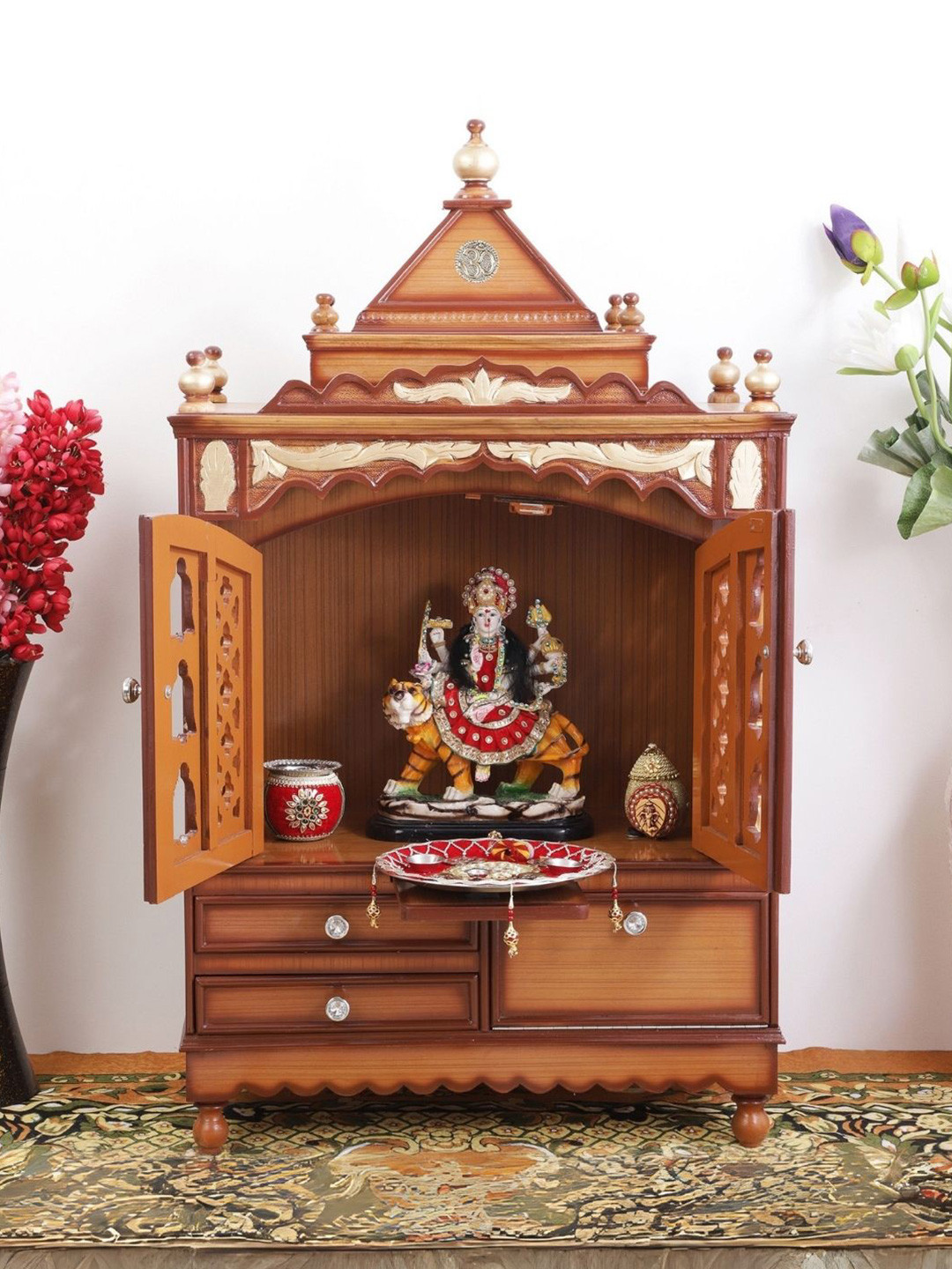 DZYN Furnitures Sacred Home Brown Large Floor Rested Pooja Temple With Door
