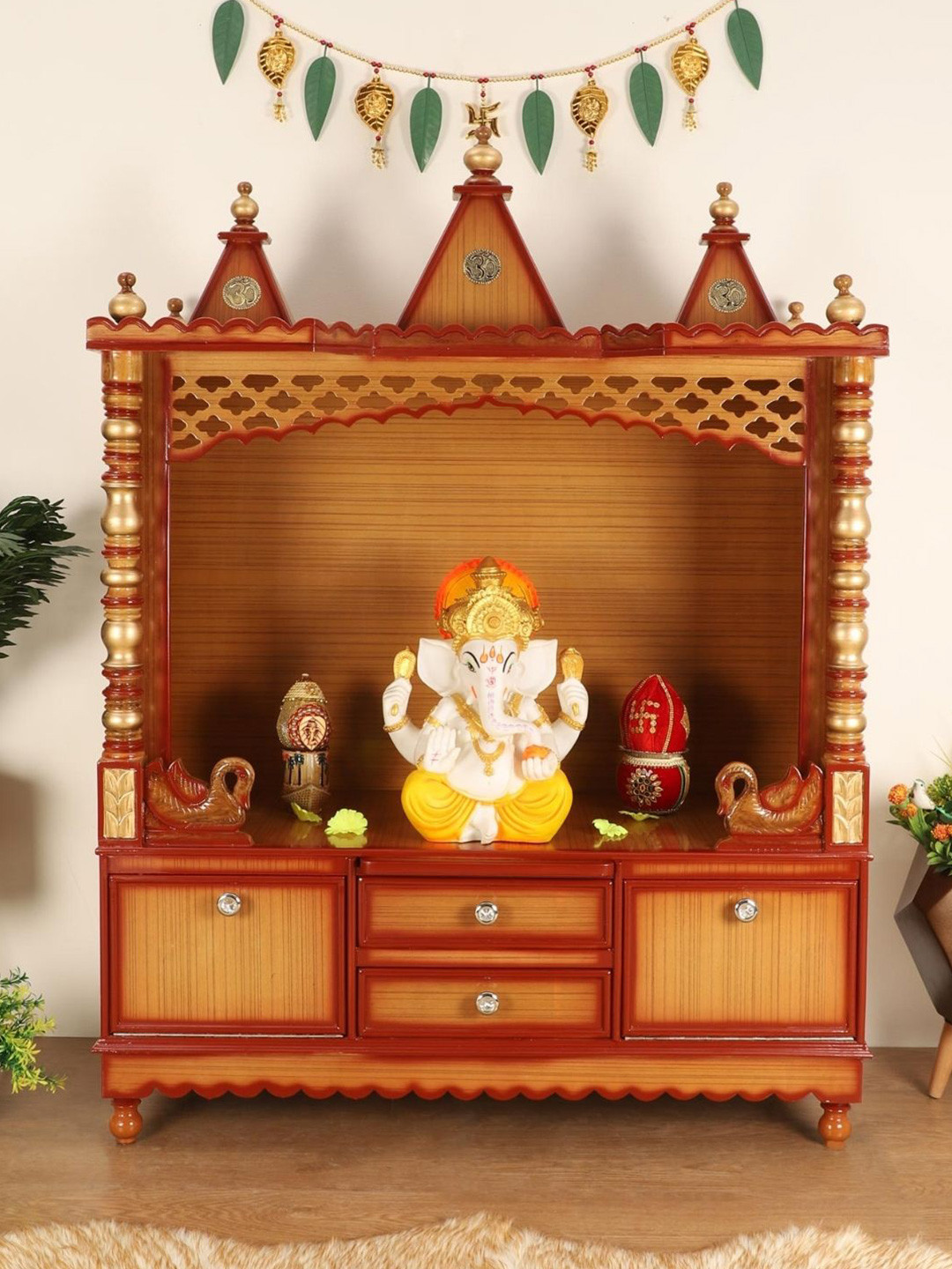 DZYN Furnitures Abhikya Kostha Brown Floor Rested Pooja Temple Without Door