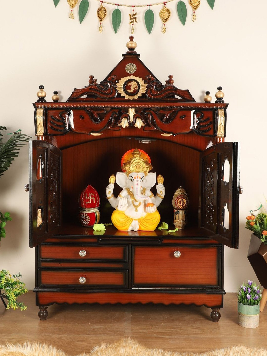 DZYN Furnitures Divine Home Brown Large Floor Rested Pooja Temple With Door