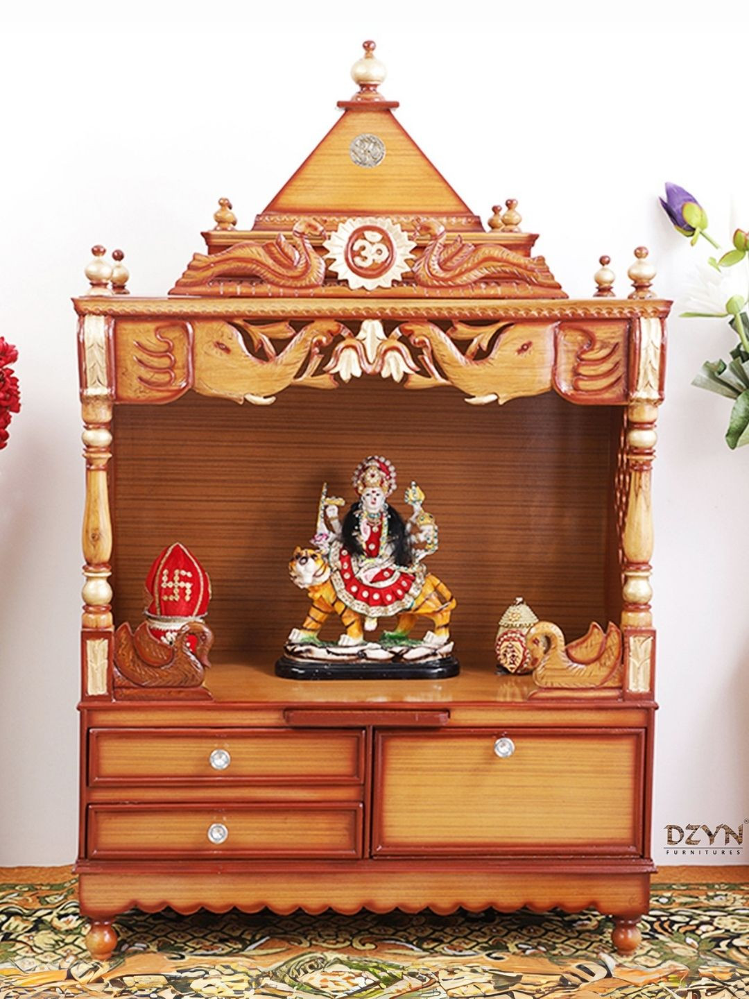 DZYN Furnitures Divine Home Brown Wooden Large Floor Rested Pooja Temple Without Door