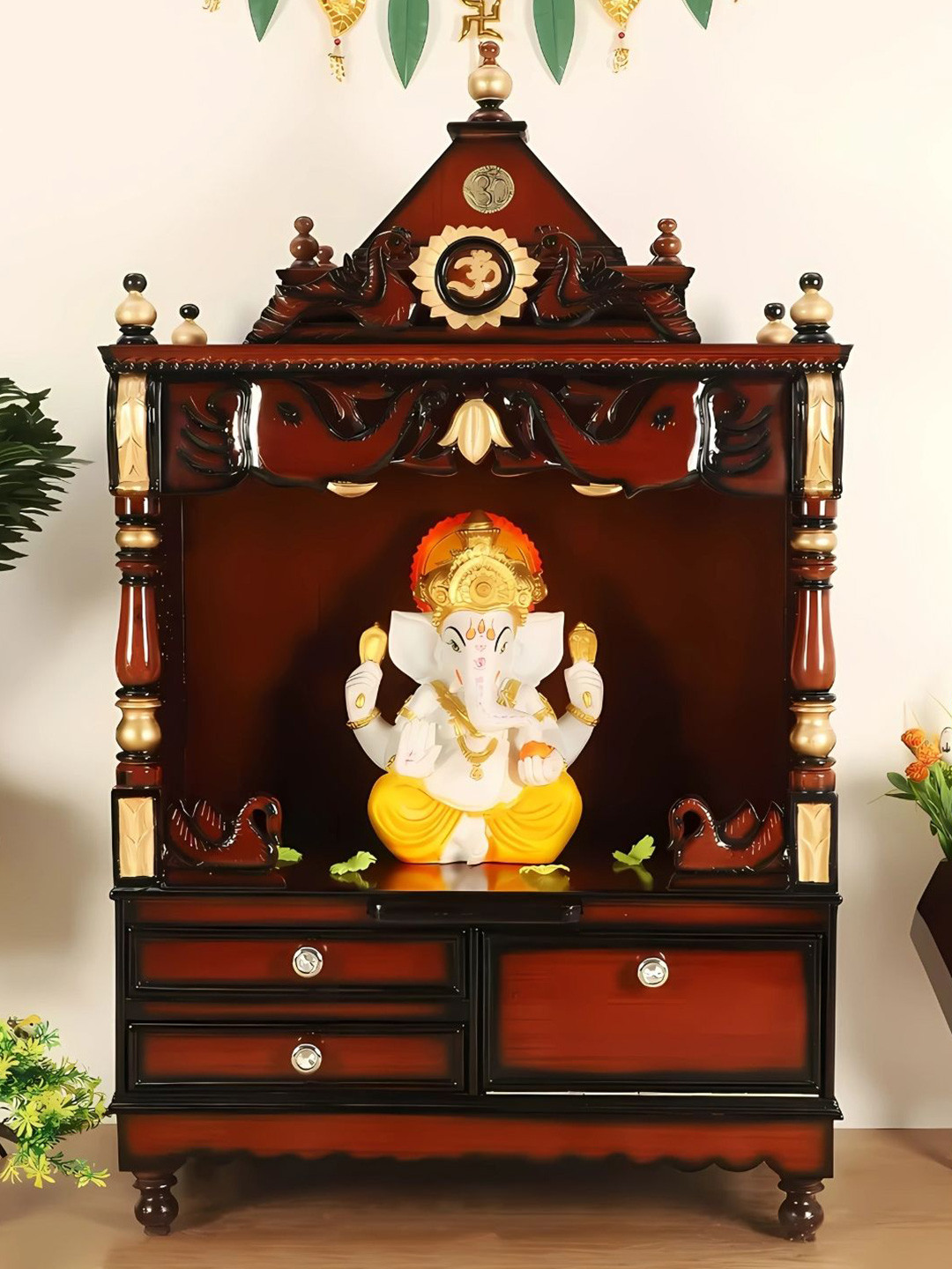 DZYN Furnitures Divine Home Brown Wooden Large Floor Rested Pooja Temple Without Door