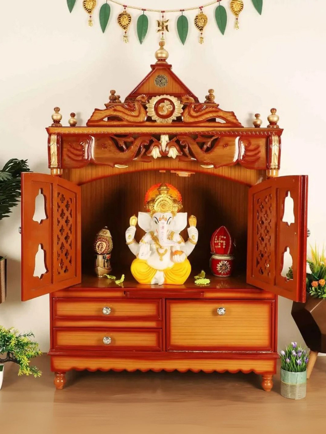 DZYN Furnitures Divine Home Brown Wooden Large Floor Rested Pooja Temple With Door