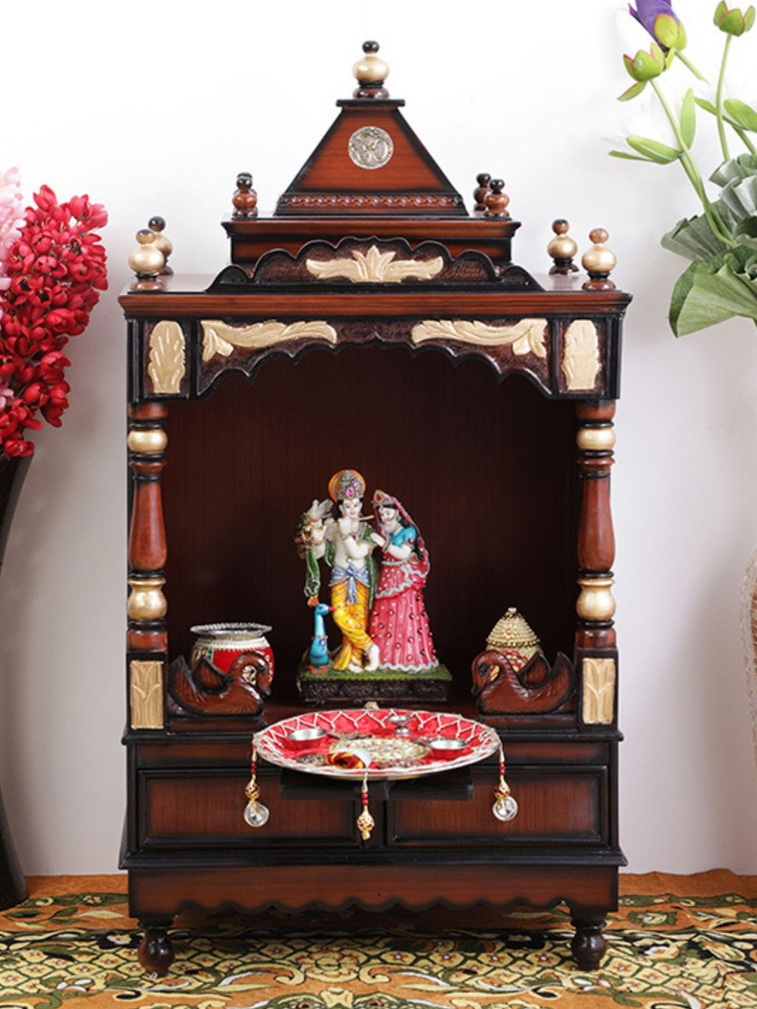 DZYN Furnitures Sacred Space Brown Wooden Medium Floor Rested Pooja Temple Without Door