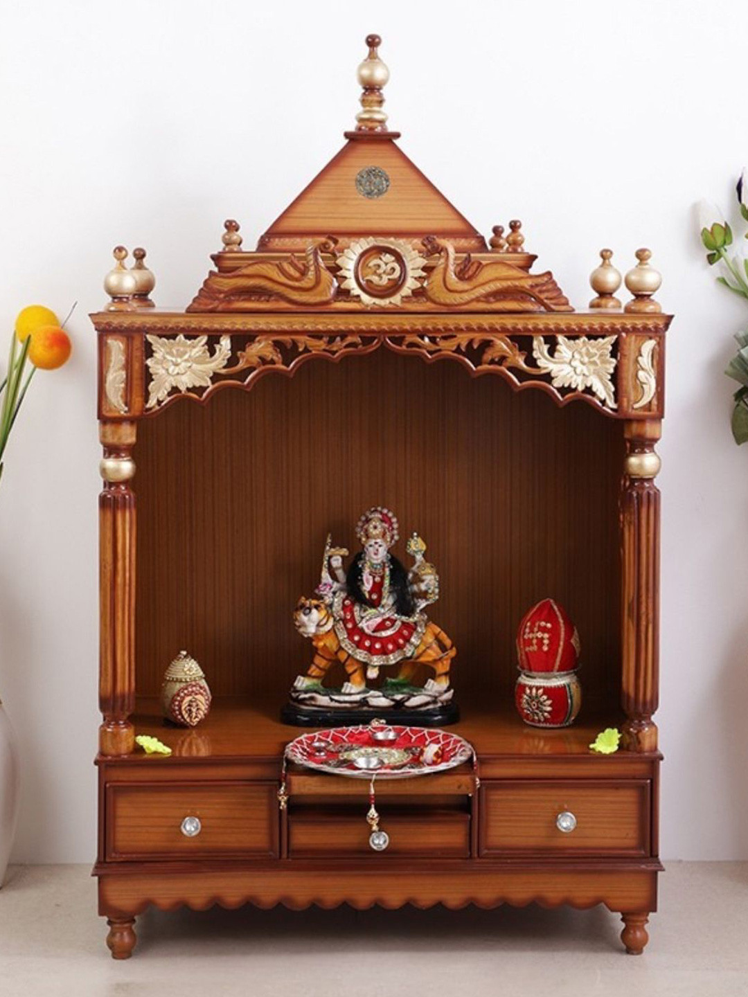 DZYN Furnitures Pooja Graham Brown Wooden Large Floor Rested Pooja Temple Without Door