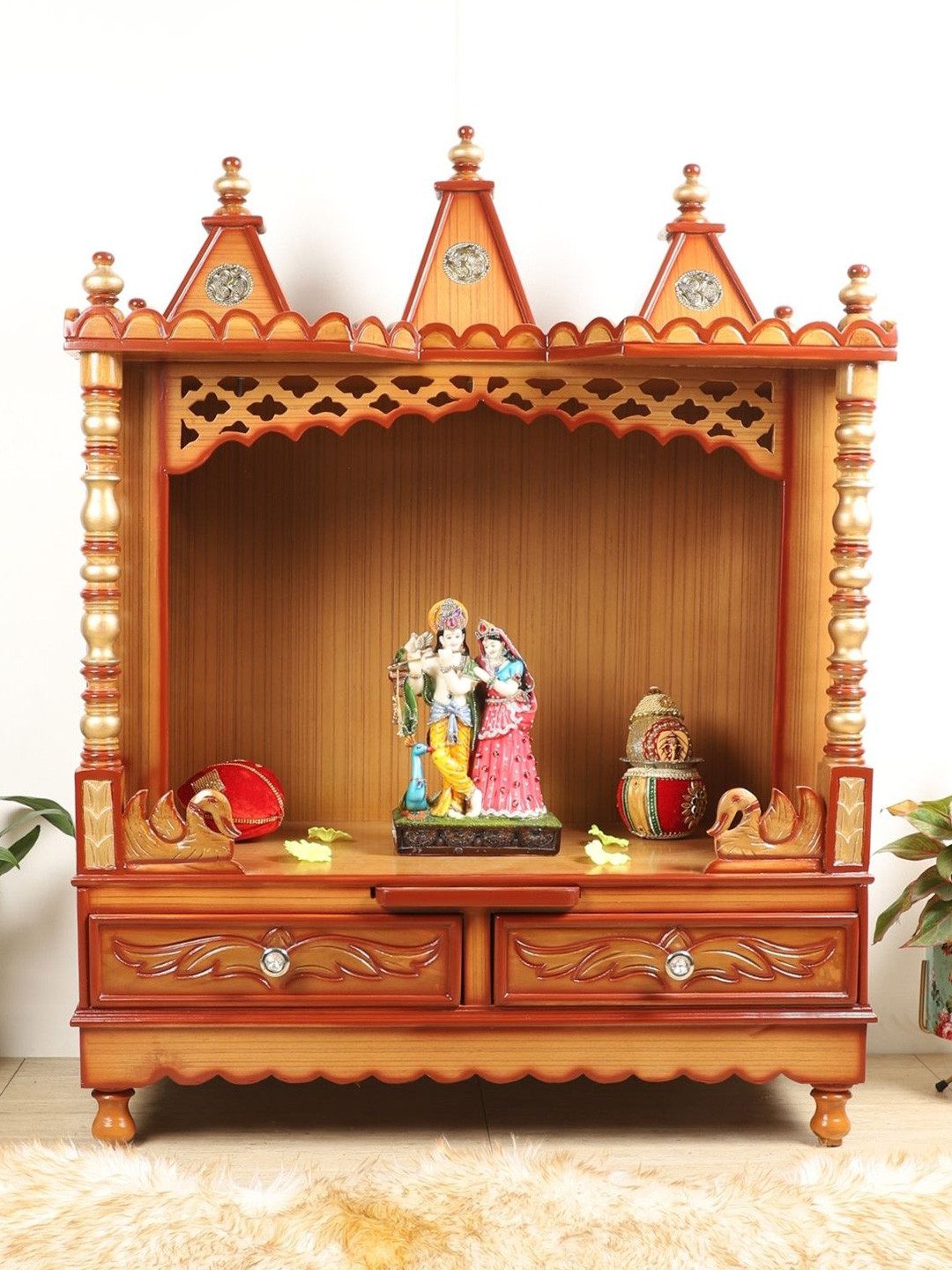 DZYN Furnitures Abhikya Sadana Brown Wooden Floor Rested Pooja Temple Without Door
