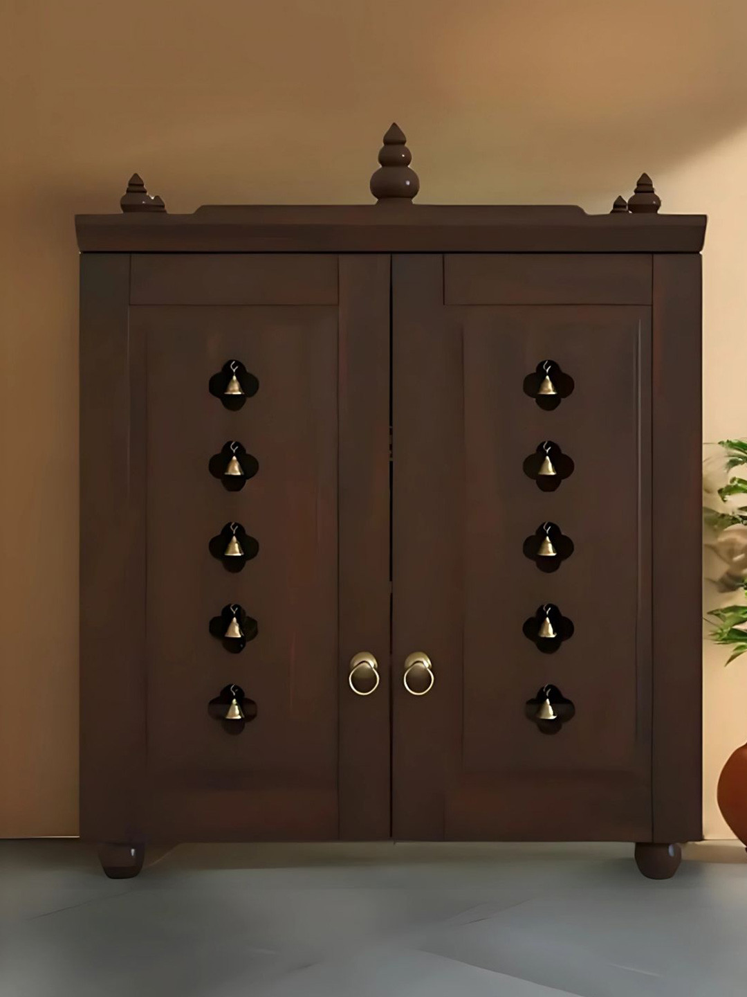DZYN Furnitures Aravaya Brown Wooden Floor Pooja Temple With Door