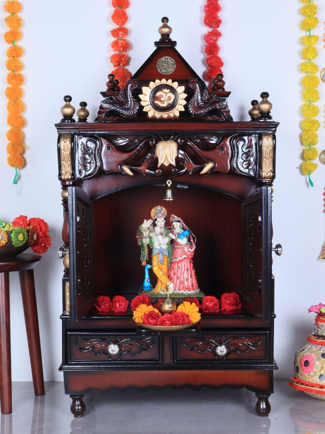 DZYN Furnitures Divya Nivas Brown Wooden Medium Floor Rested Pooja Temple With Door