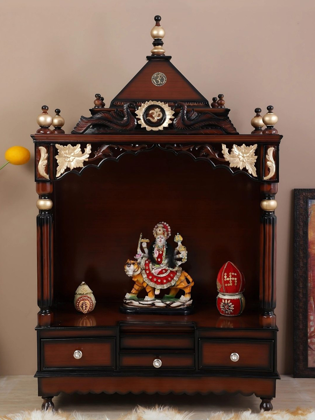 DZYN Furnitures Pooja Graham Brown Wooden Large Floor Rested Pooja Temple Without Door