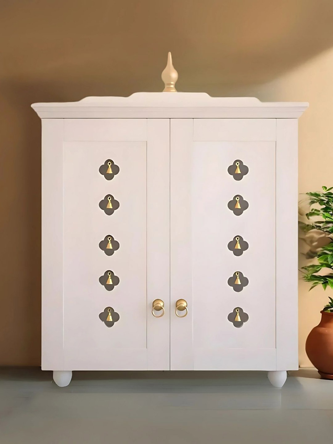 DZYN Furnitures Aumkara White & Gold Toned Wooden Floor Pooja Temple With Door