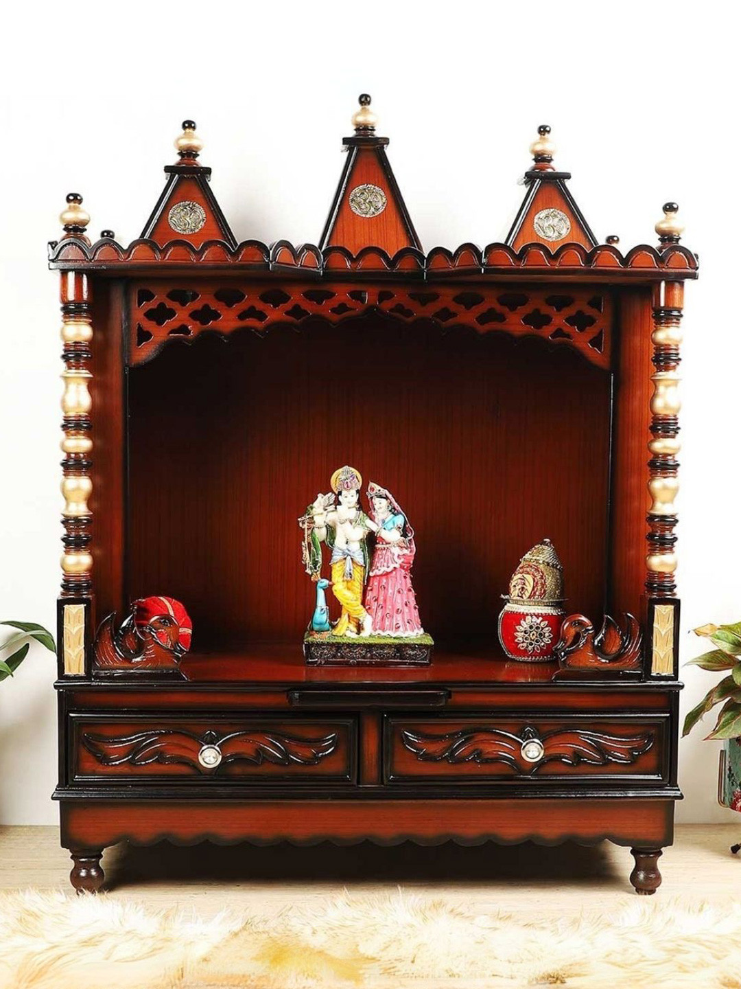 DZYN Furnitures Abhikya Sadana Brown Wooden Floor Rested Pooja Temple Without Door