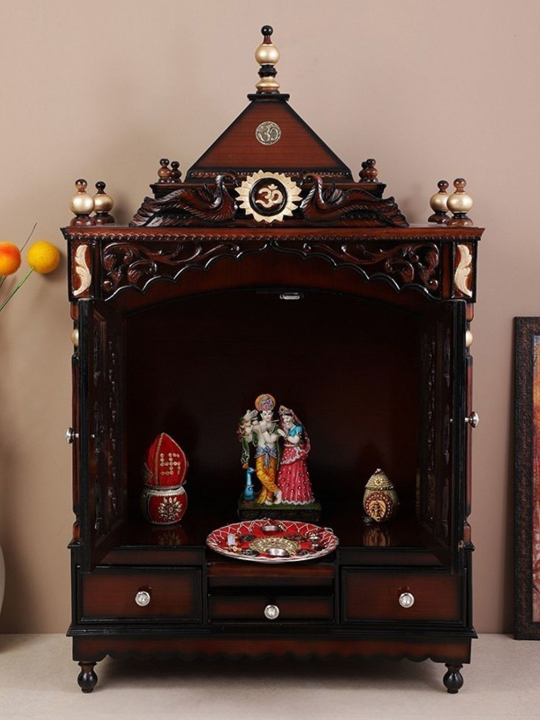 DZYN Furnitures Antarusya Brown Wooden Large Floor Rested Pooja Temple With Door