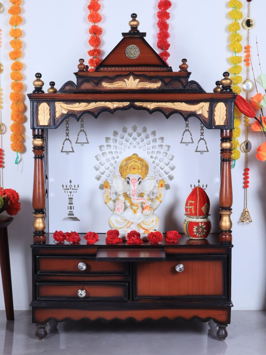 Brown Wooden Adhyatma Brown Wooden Floor Rested Pooja Temple Without Door