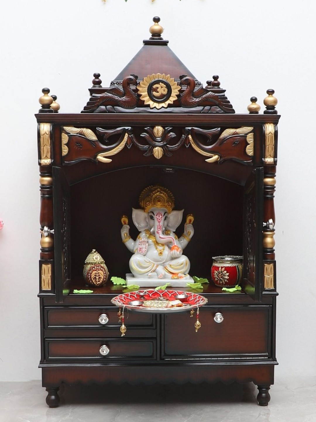 DZYN Furnitures Divya Darshan Brown Wooden Floor Rested Pooja Temple With Door