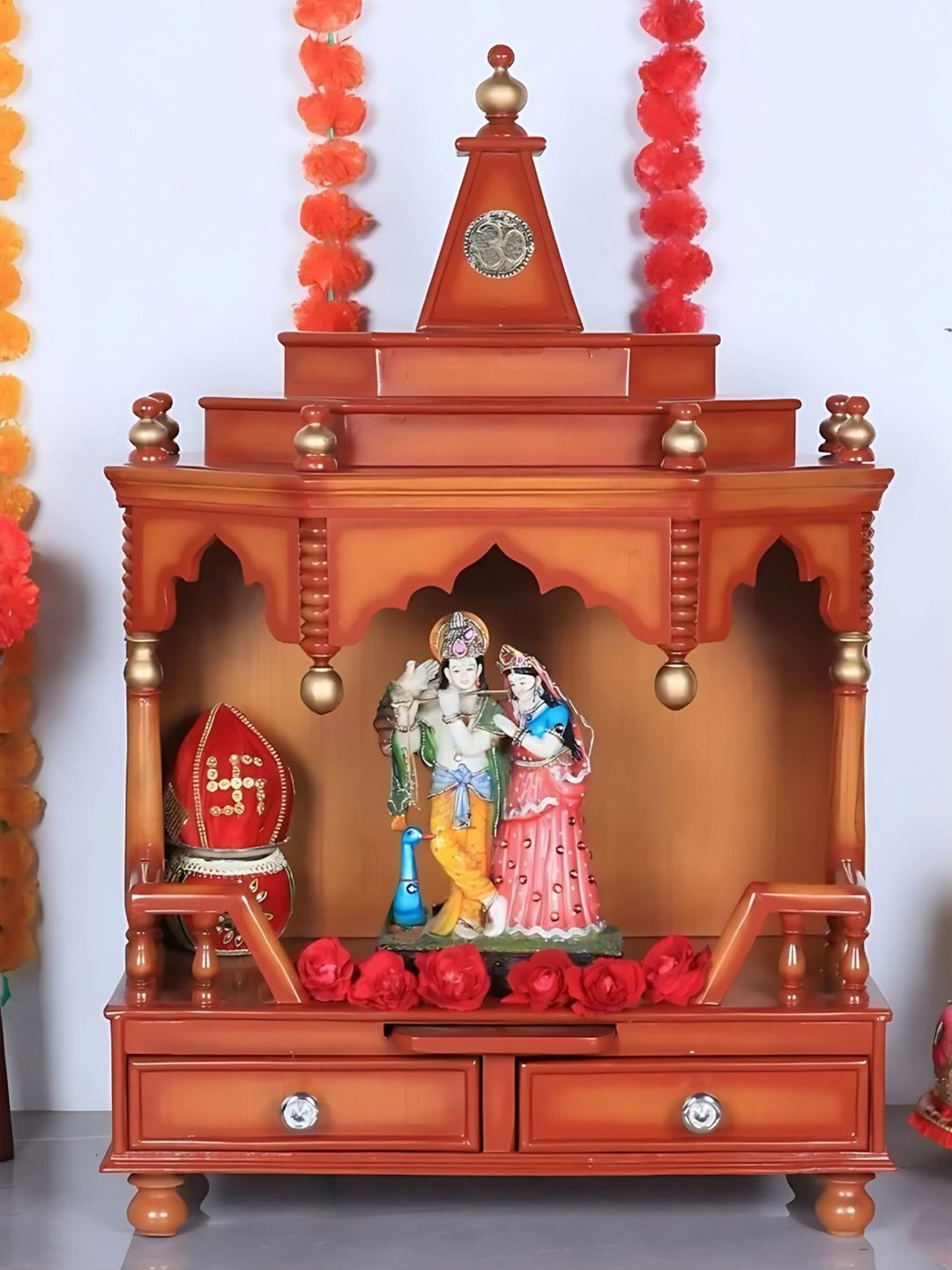 DZYN Furnitures Brahma Shray Brown Wooden Floor Rested Pooja Temple Without Door