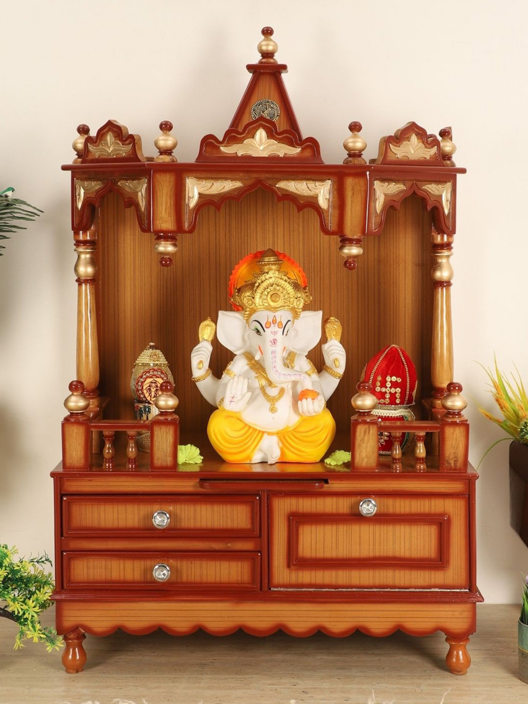 DZYN Furnitures Apratima Brown Wooden Medium Floor Rested Pooja Temple Without Door
