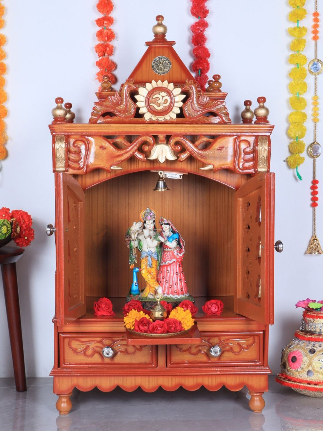 DZYN Furnitures Divya Nivas Brown Wooden Medium Floor Rested Pooja Temple With Door