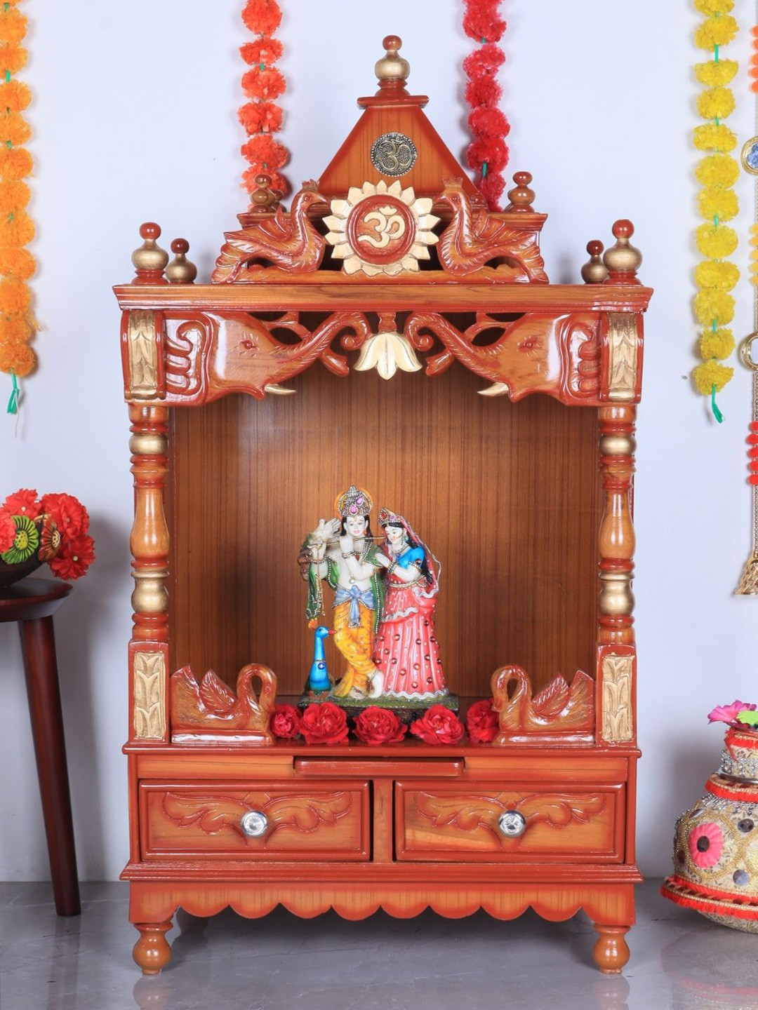 DZYN Furnitures Divya Nivas Brown Wooden Medium Floor Rested Pooja Temple Without Door