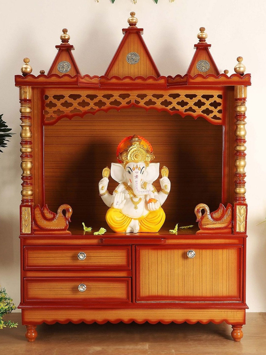 DZYN Furnitures Abhikya Sthana Brown Wooden Floor Rested Pooja Temple Without Door