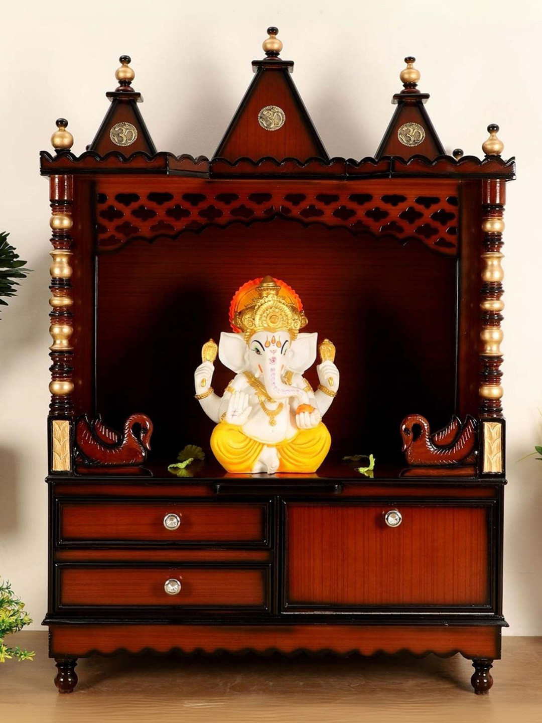 DZYN Furnitures Abhikya Sthana Brown Wooden Floor Rested Pooja Temple Without Door