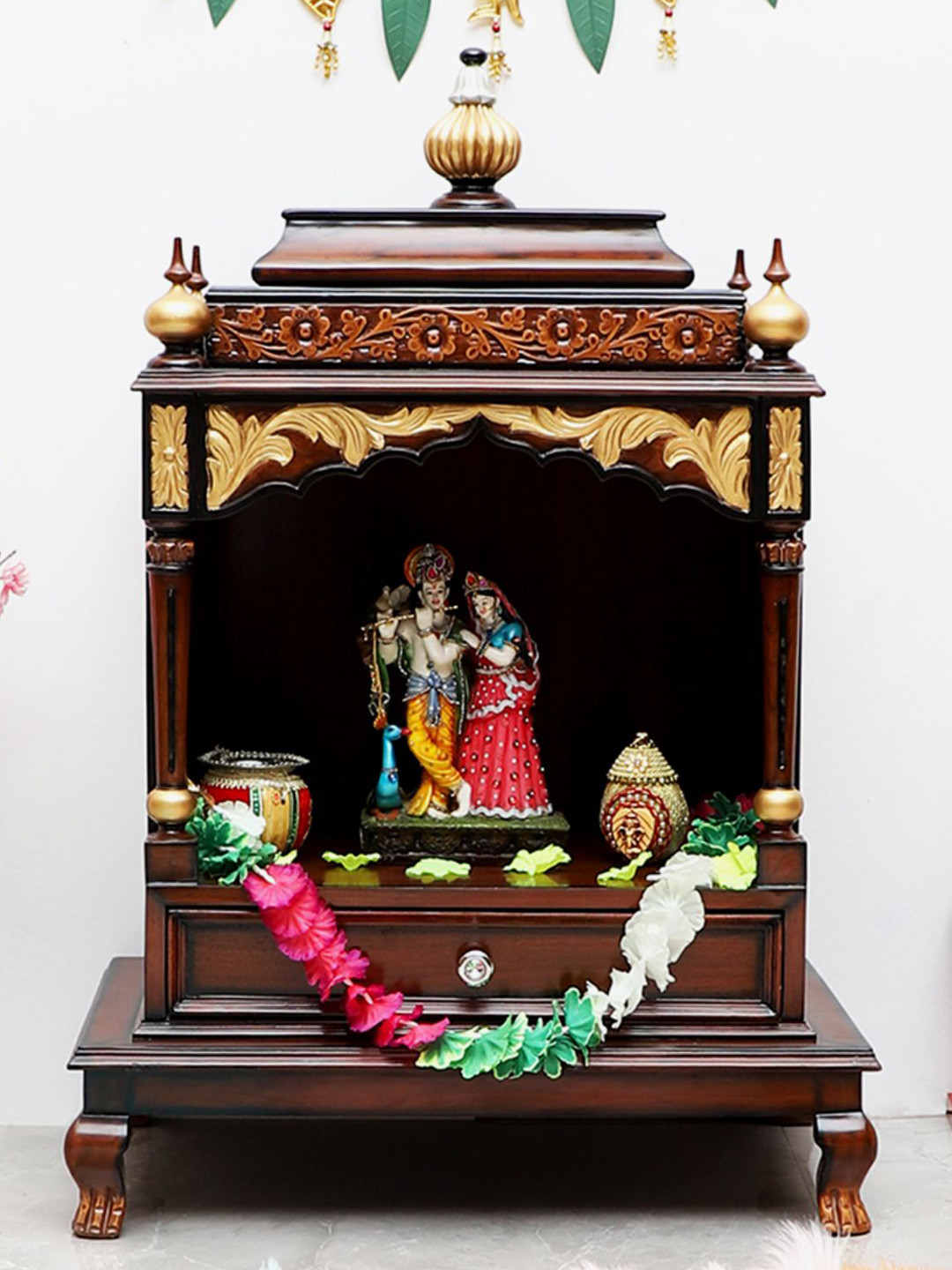 DZYN Furnitures Aaradhana Brown Wooden Medium Floor Rested Pooja Temple