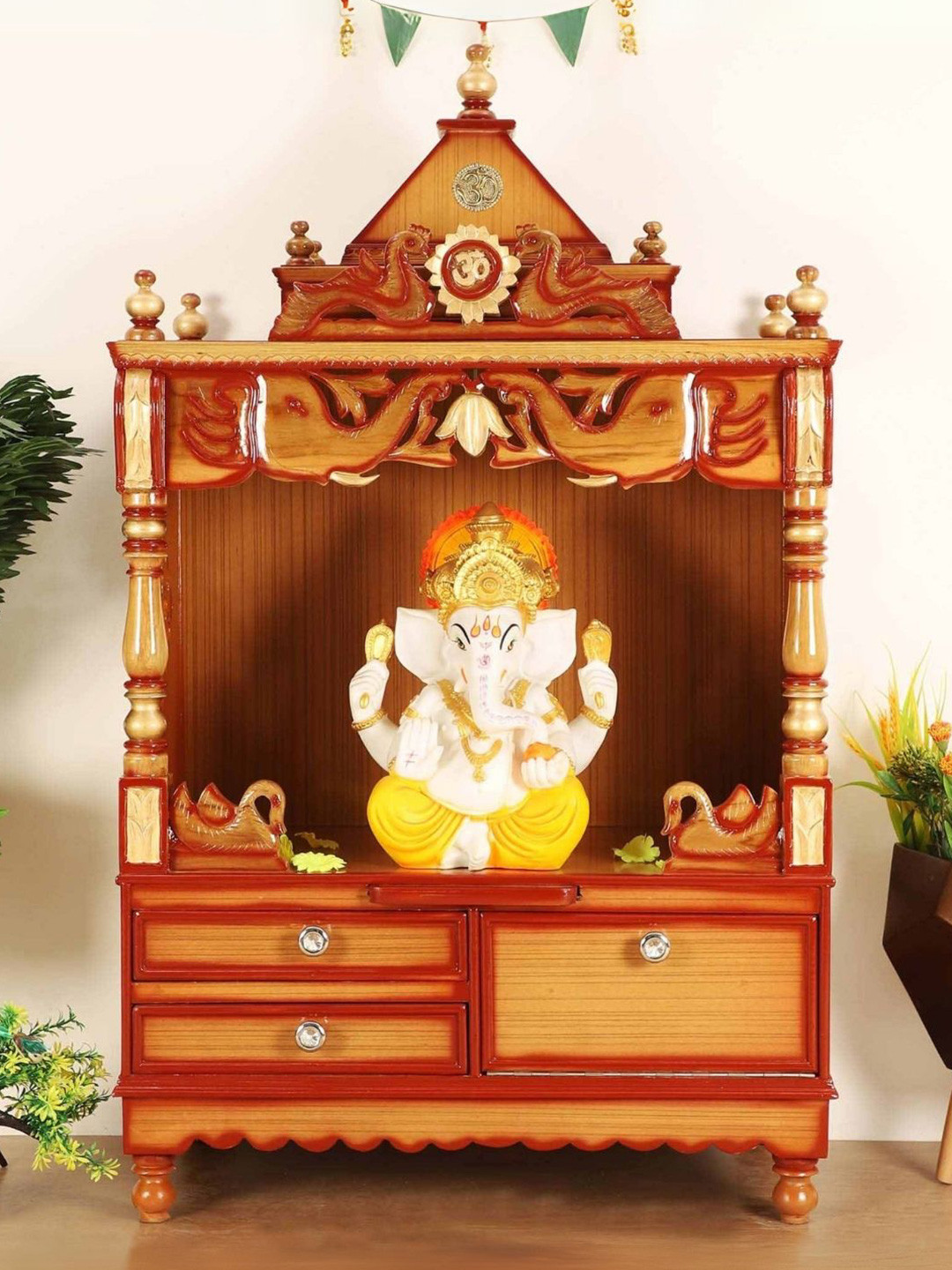 DZYN Furnitures Divine Home Brown Wooden Medium Floor Rested Pooja Temple Without Door